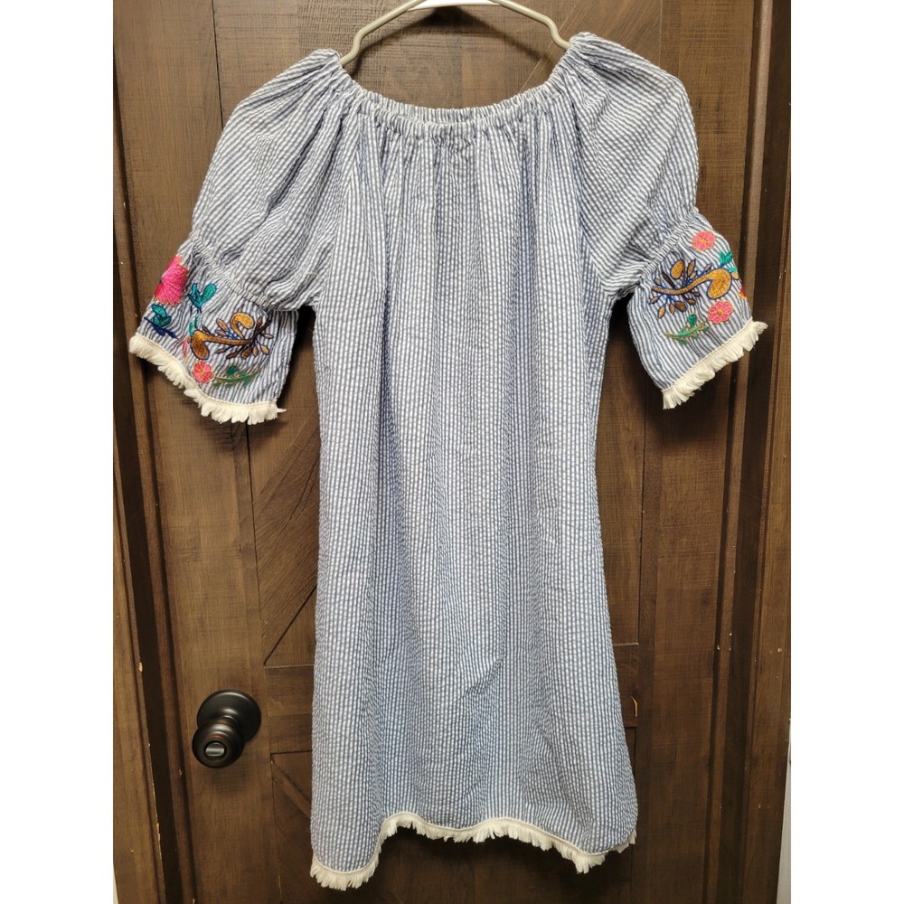 Grace & Emma Dress Size Large Navy Blue White Stripes Floral Embroidered Boho
